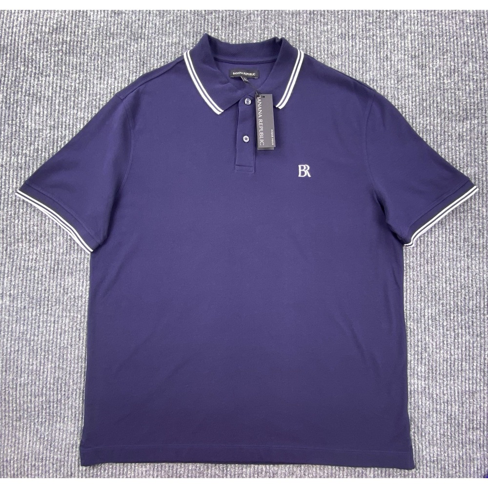Banana Republic Organic Pique Tipped Polo Mens L Blue Short Sleeve Preppy